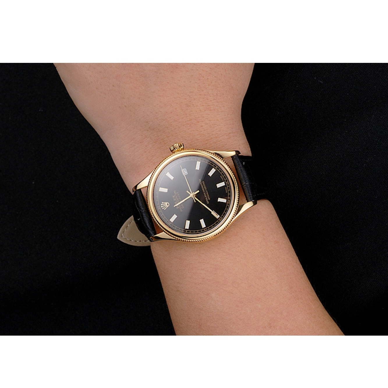 AAA replica watch Case Gold Swiss Black Leather Strap Datejust Black Dial Rolex 0728